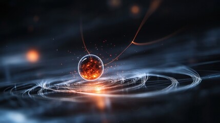 Poster - Abstract depiction of a glowing sphere with fiery elements surrounded by swirling light trails, representing energy and motion in a futuristic space setting