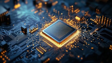 Fototapete - Close-Up View of a Modern Microprocessor on a Circuit Board with Illuminated Connections and Digital Elements, Representing Technology and Innovation in Electronics