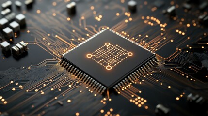 Poster - Detailed Close-Up of a Modern Microchip on a Circuit Board with Glowing Connections and Intricate Patterns Depicting Advanced Technology in Electronics