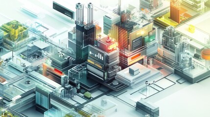 Poster - Abstract representation of a futuristic cityscape with intricate technology, vibrant lights, and interconnected structures showcasing modern architectural design and innovation.