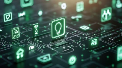 Poster - Futuristic Digital Interface with Green Icons Representing Smart Technology, Innovation, Connectivity, and Automation in Modern Digital Environments