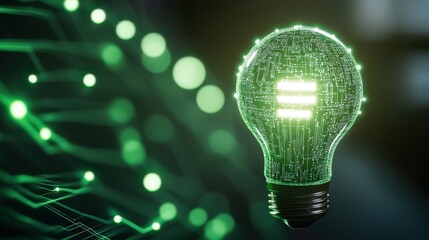Poster - Futuristic Green Light Bulb with Circuit Pattern Representing Innovation, Technology, and Sustainable Energy Solutions in a Digital Environment