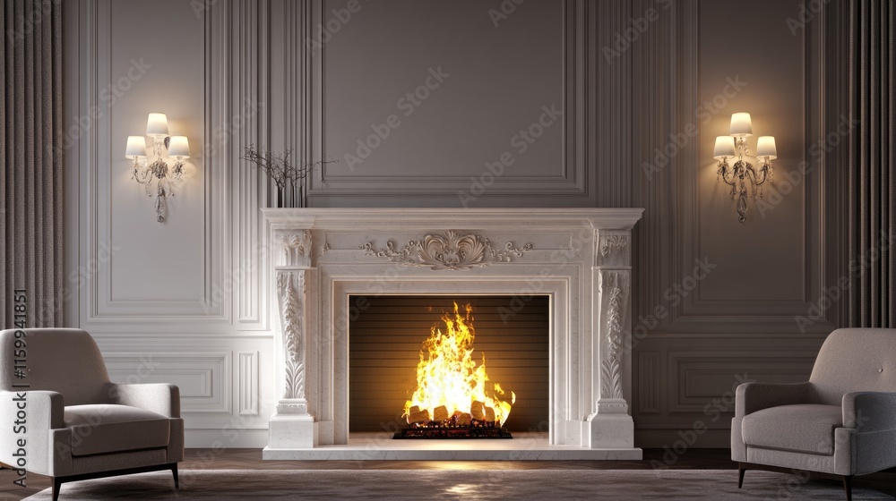 Large traditional fireplace with roaring fire. Empty mantle piece ...