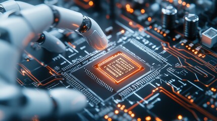Poster - Futuristic robotic hand interacting with a glowing microchip on an intricate circuit board design, showcasing advanced technology and innovation in electronics and computing.