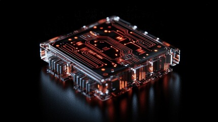 Fototapete - Futuristic Microchip with Glowing Circuitry on a Dark Background Showcasing Advanced Technology and Innovation in Electronics Design and Development