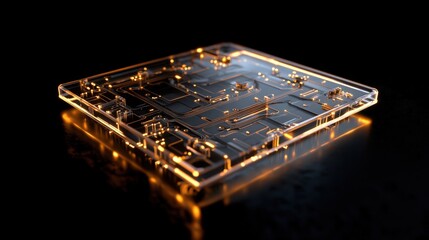 Poster - Futuristic Circuit Board Design with Glowing Elements and Transparent Layer on Dark Background Representing Advanced Technology and Innovation