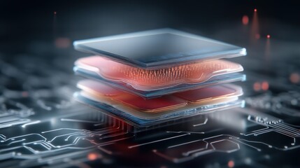 Poster - Close-up View of Layered Microchip with Circuitry, Highlighting Advanced Technology and Innovation in Electronics and Computing Systems