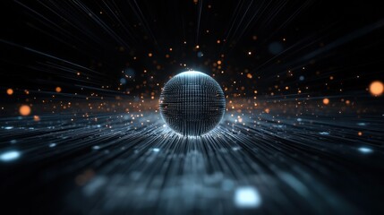 Fototapete - Abstract digital background featuring a glowing sphere amidst vibrant light rays and sparkling particles, conveying a sense of depth and futuristic technology