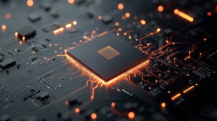 Poster - Abstract Close-Up of a Microchip on a Dark Circuit Board with Glowing Orange Connections Illuminating the Surrounding Technology Elements in a Futuristic Setting