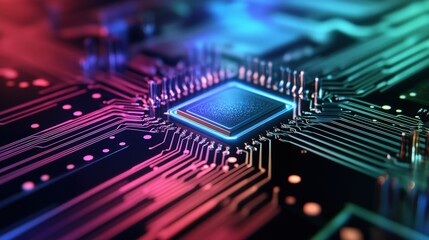 Poster - Abstract Close-up of a Colorful Microchip on a Circuit Board with Neon Lights and Electronic Components Displaying Modern Technology and Innovation