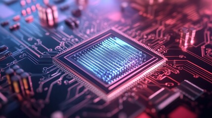 Poster - High-Resolution Image of a Modern Microprocessor on a Circuit Board Showcasing Intricate Details and Colorful Elements in a Futuristic Tech Environment
