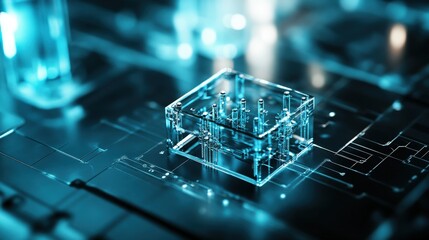 Poster - Futuristic Transparent Microchip on a Circuit Board with Glowing Elements, Representing Advanced Technology and Innovation in Electronics Design