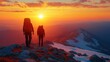 © Witri - Two hikers with backpacks admire a vibrant sunset atop a snow-capped mountain range.