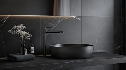 Black bathroom interior design, black washbasin and faucet on black marble counter in modern luxury minimal washroom