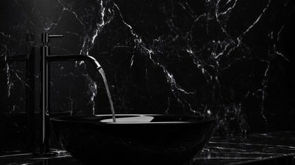 Black bathroom interior design, black washbasin and faucet on black marble counter in modern luxury minimal washroom