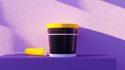 Poster - Paint bucket and roller on purple shelf.