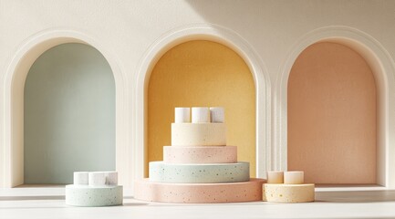 Wall Mural - Pastel-colored tiered display stands with small cylindrical objects, set against arched alcoves.