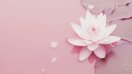 Poster - A serene lotus flower with delicate pink petals, floating on a tranquil pink water surface, Minimalist style
