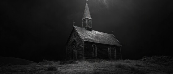 Lonely, dark, old wooden church on a hill at night.