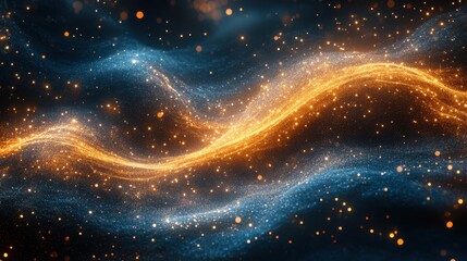 abstract glowing wave of blue and gold particles.