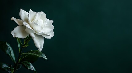 Wall Mural - A solitary white gardenia against a dark green backdrop, side view shot, Elegant style