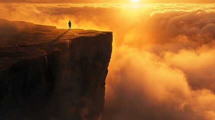 Canvas Print - Solitary figure on clifftop at sunset, overlooking a sea of clouds.