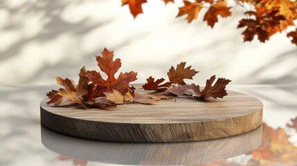 Poster - Autumn leaves on wooden round display.