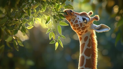 Wall Mural - Cute cartoon giraffe eating leaves in sunlight.