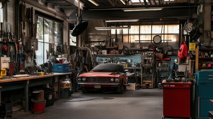 Poster - A bustling mechanic's garage with tools and car parts, Mechanics' tools arranged amidst grease-stained workbenches and lifted cars, Automotive repair style