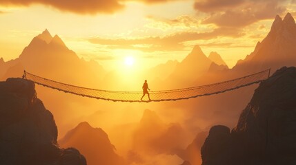 Canvas Print - Silhouette of person walking on a rope bridge over a misty mountain valley at sunset.