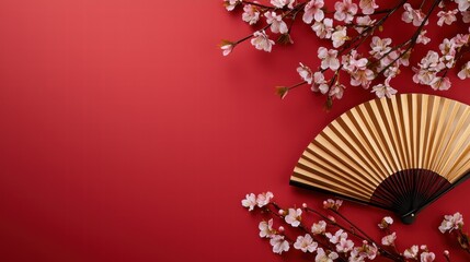 Canvas Print - Elegant fan and cherry blossoms on a red background