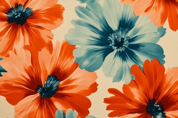 Wall Mural - Close-up vibrant orange and teal floral textile pattern.