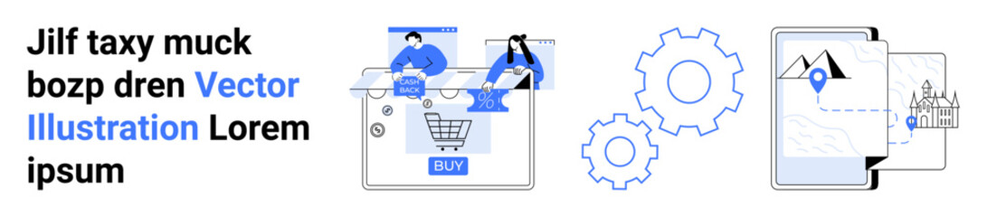 People engaging in online shopping, data analytics, and digital navigation represented by icons. Ideal for e-commerce, tech, digital marketing, user interface design, app development, data analysis