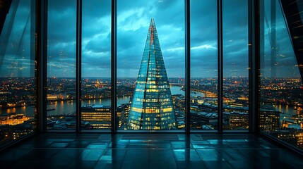 Wall Mural - Panoramic city view from skyscraper at dusk.