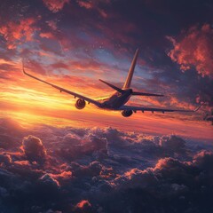 Aufkleber - Discounts on flights. Last minute offer. Red realistic airplane, percent sign, arrow pointing down. Color horizontal poster for travel business. Promotion ad