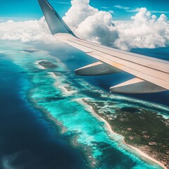 Aufkleber - Discounts on flights. Last minute offer. Red realistic airplane, percent sign, arrow pointing down. Color horizontal poster for travel business. Promotion ad