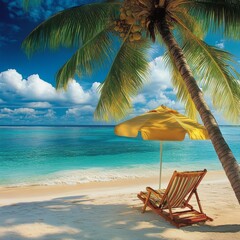 Aufkleber - Deck chair sitting Beach umbrella in smartphone and coconut tree with travel suitcase on passport air ticket. Airplane float away. Banner for making tourism. Summer vacation concept. 3D Vector.