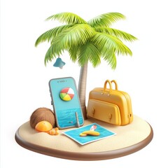 Aufkleber - Deck chair sitting Beach umbrella in smartphone and coconut tree with travel suitcase on passport air ticket. Airplane float away. Banner for making tourism. Summer vacation concept. 3D Vector.