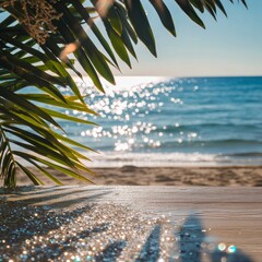 Leinwandbilder - Beach Table - Sand And Palm Leaves In Sunny Abstract Seascape With Glittering In Ocean Of Sunlights