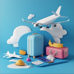 Aufkleber - airplane, cloud, blue passport, luggage or baggage appeared and displayed in front of large pin location for travel design, vector 3d on blue background for summer travel advertising design