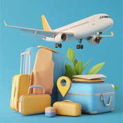 Aufkleber - airplane, cloud, blue passport, luggage or baggage appeared and displayed in front of large pin location for travel design, vector 3d on blue background for summer travel advertising design