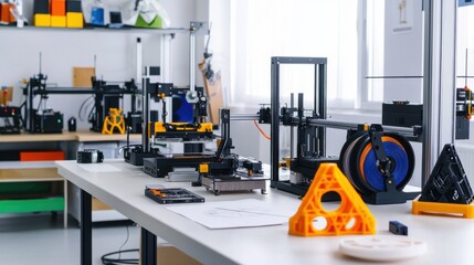 Aufkleber - A modern 3D printing lab with 3D printers and filament spools, Prototype models and technical drawings meticulously arranged, Innovative maker style