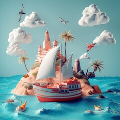 Poster - Flights to another end of world. Comfortable modern way to travel. 3D illustration in plasticine style on blue background. Advertising template for poster, banner, flyer