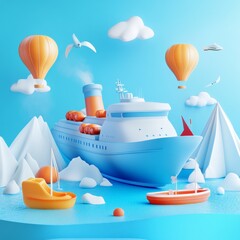 Poster - Flights to another end of world. Comfortable modern way to travel. 3D illustration in plasticine style on blue background. Advertising template for poster, banner, flyer