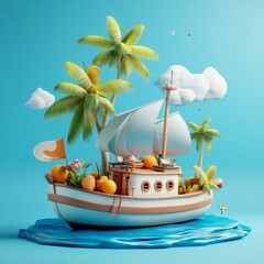 Poster - Flights to another end of world. Comfortable modern way to travel. 3D illustration in plasticine style on blue background. Advertising template for poster, banner, flyer