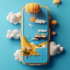 Poster - Flights to another end of world. Comfortable modern way to travel. 3D illustration in plasticine style on blue background. Advertising template for poster, banner, flyer
