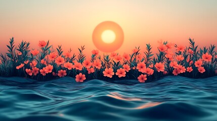 Wall Mural - Orange Flowers Bloom at Sunset Over Calm Water