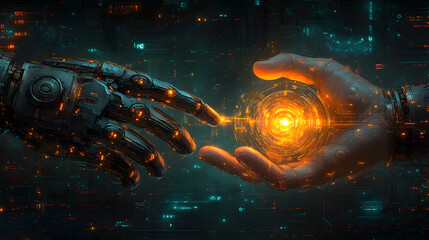 A robot hand is holding another robot hand. The two hands are glowing with a bright orange light. Concept of connection and unity between the two robots
