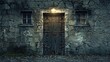 © BerkahStock - Old wooden door in a stone wall lit by a single lamp at night.
