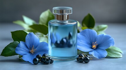 Blue Perfume Bottle with Flowers and Berries